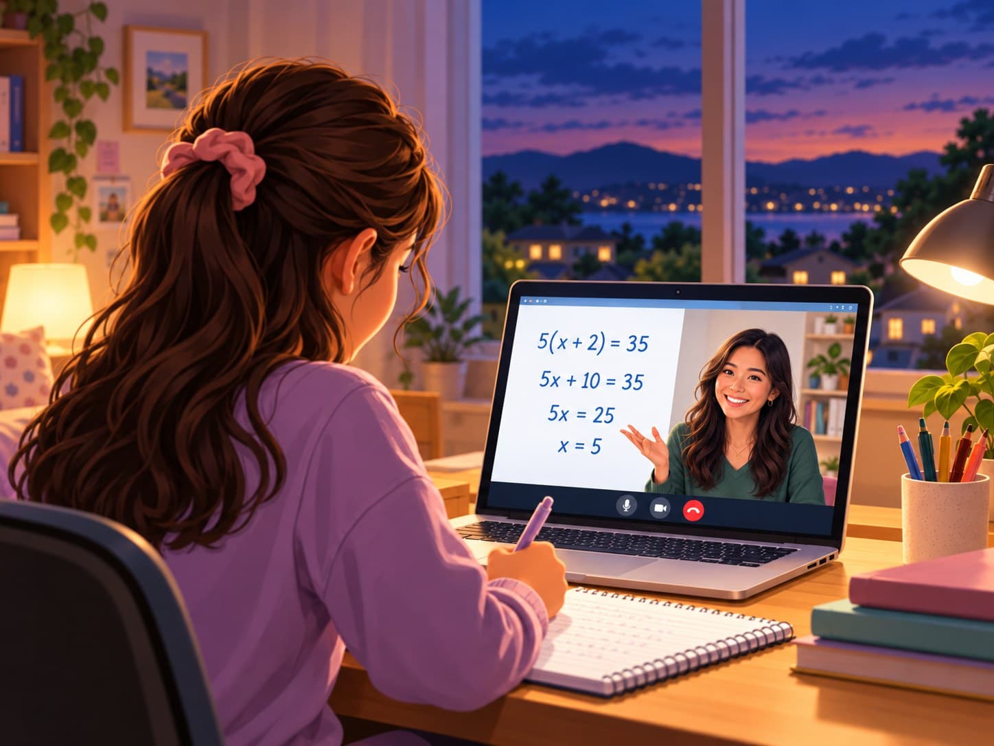 A girl doing maths homework in the evening, in a live video lesson with her teacher